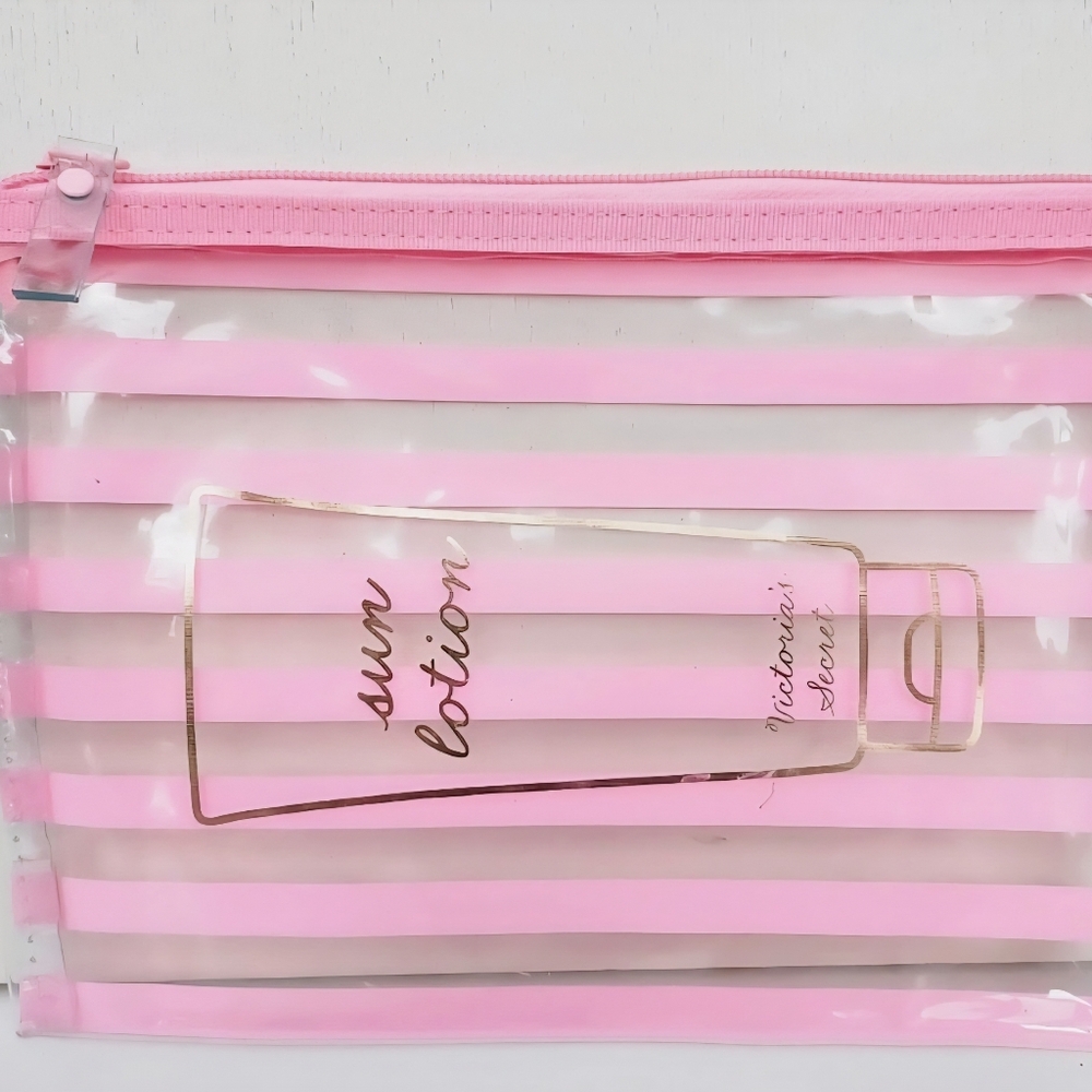 Set of 3 Victoria's Secret Pink Clear See Through Makeup Cosmetic Beach Bag, NEW - Picture 5 of 6
